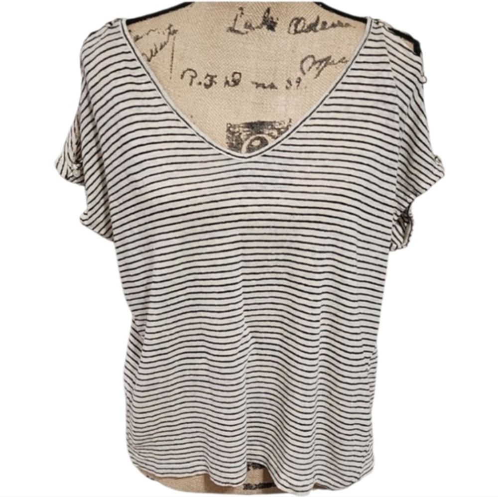 Lucky Brand Womens 100% Linen Striped V-Neck Short Sleeve Button Tab Top Medium